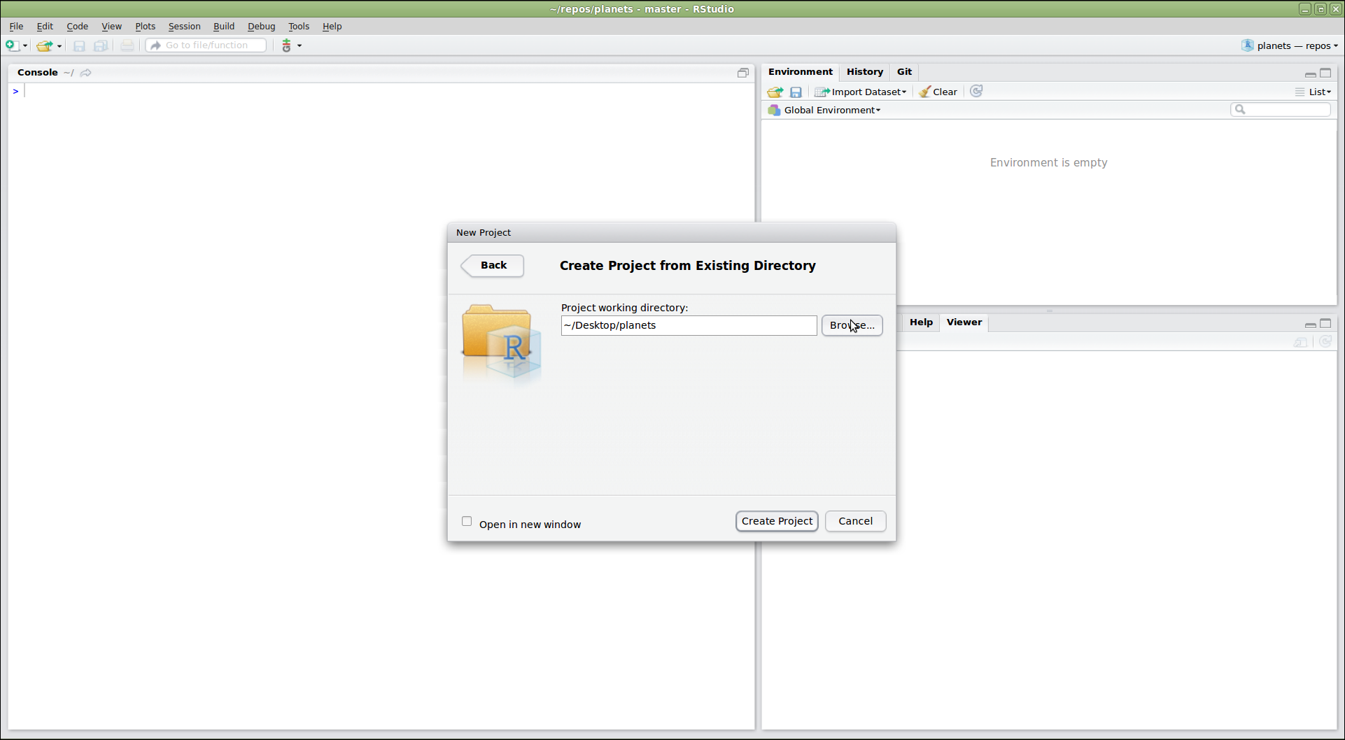 RStudio window showing the "Create Project From Existing Directory" dialog. In the dialog, the project working directory has been set to "~/Desktop/recipes"