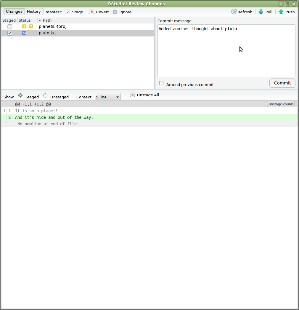 RStudio screenshow showing the "Review Changes" dialog. The top left panel shows the list of files that can be included or excluded from the commit. The top right panel is for writing a commit message. The bottom panel shows information about the currently selected file in the top left panel.